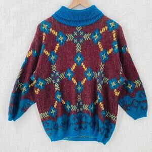 Vintage Benetton Sweater Womens 46 Mohair Blend Floral Geometric Turtleneck